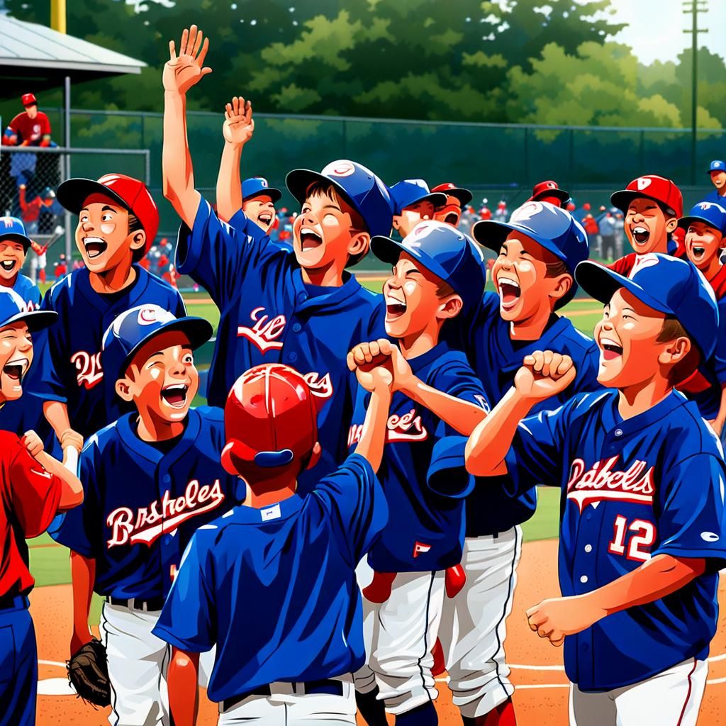 The baseball field in the background shows a game in full swing, with players in action and the scoreboard electronicall...