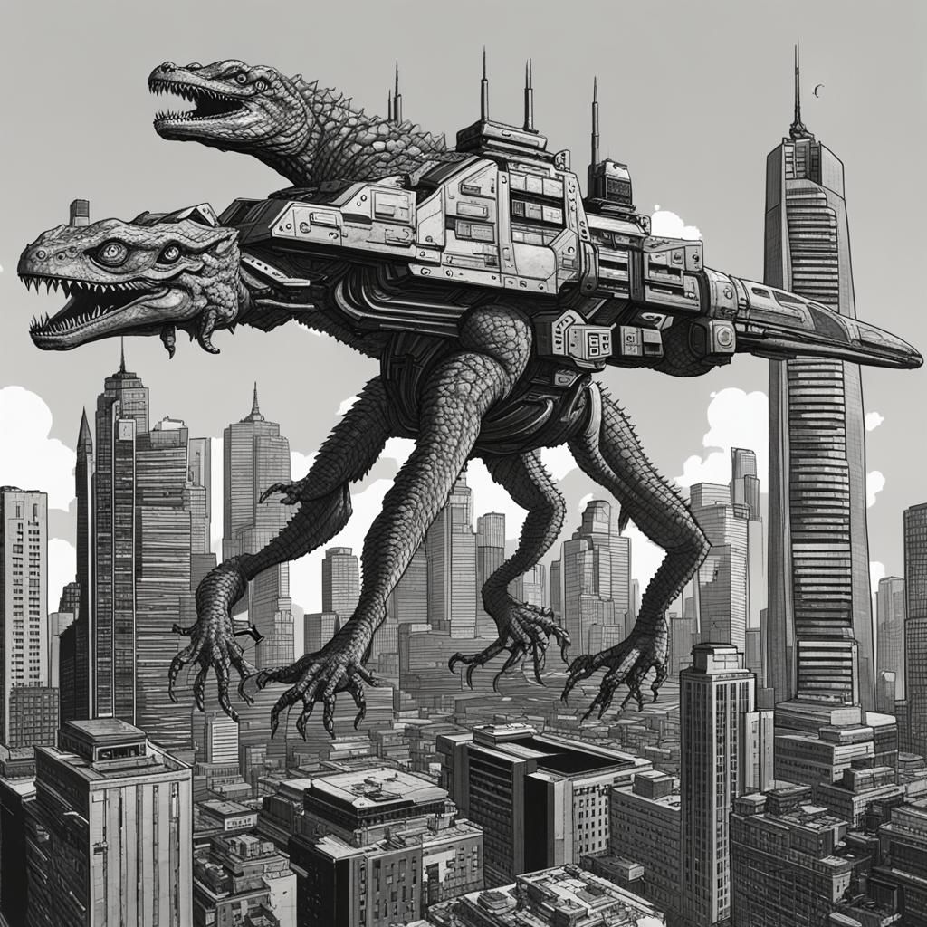 Cyberpunk Kaiju Rampage with VTOL Aircraft