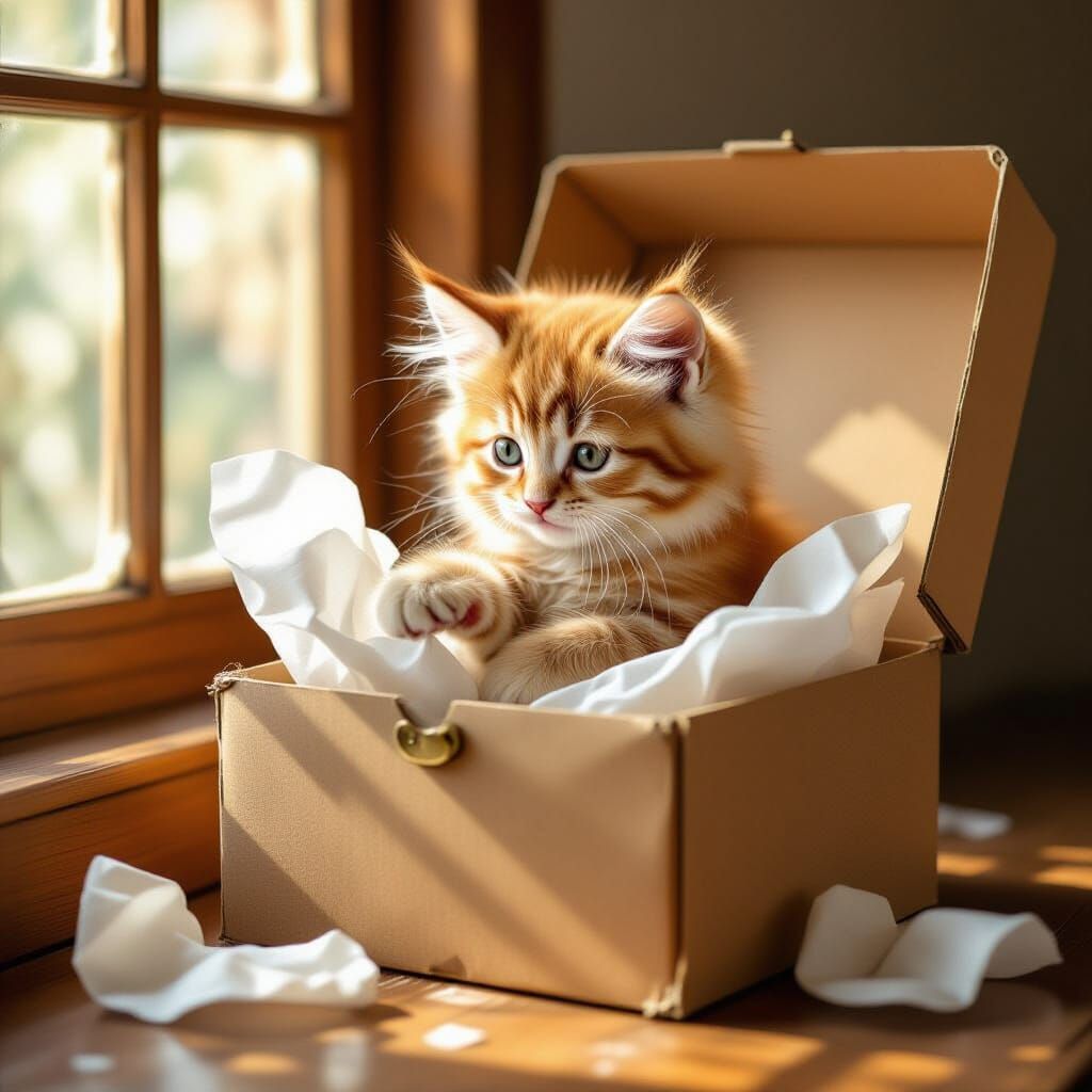 Fluffy Kitten Plays in Vintage Shoebox with Tissue Paper