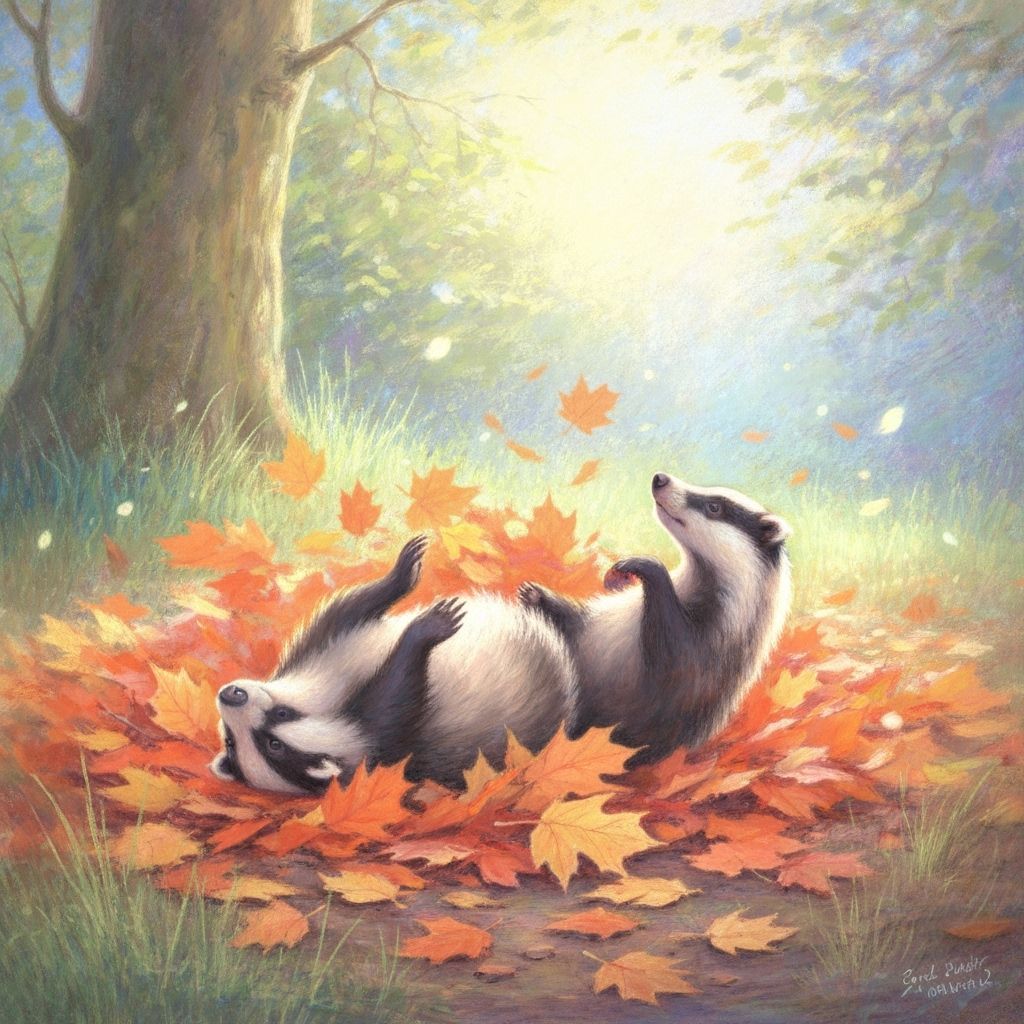 Delicate Pastel Art of Badgers in Autumn Leaves