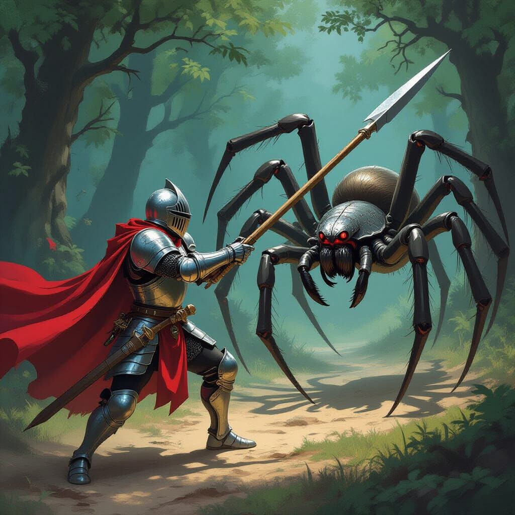 Mouse Knight Battles Giant Spider in Dark Forest