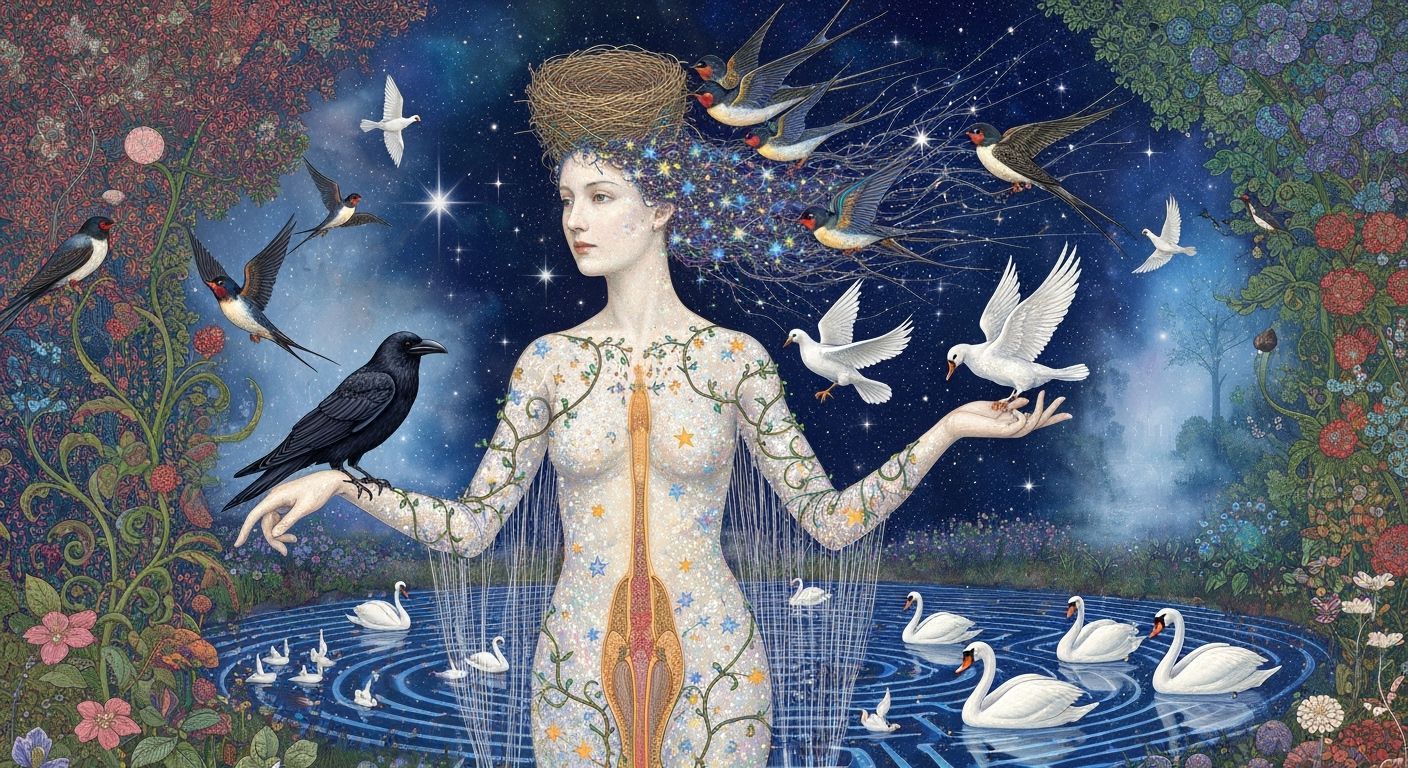 Ethereal Woman Dissolving into Birds Amidst Cosmic Energy