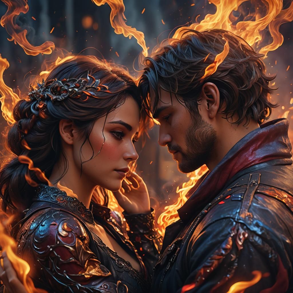 Romantic Couple Embrace in Fiery Digital Art