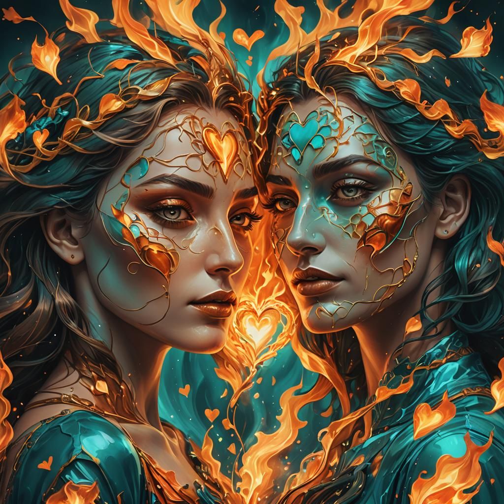 Entwined Faces with Flaming Hearts in Surreal Digital Art