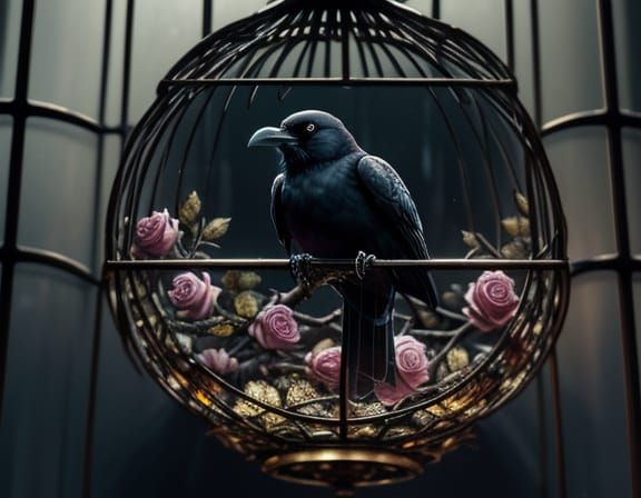 Melancholic Raven in Ornate Birdcage Grunge Oil Painting