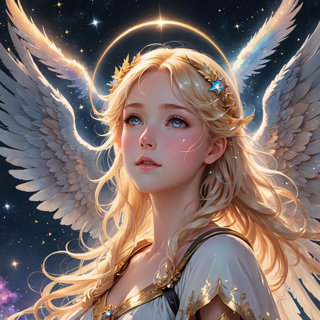 Anime Angel Gazing at Starry Sky with Celestial Wings