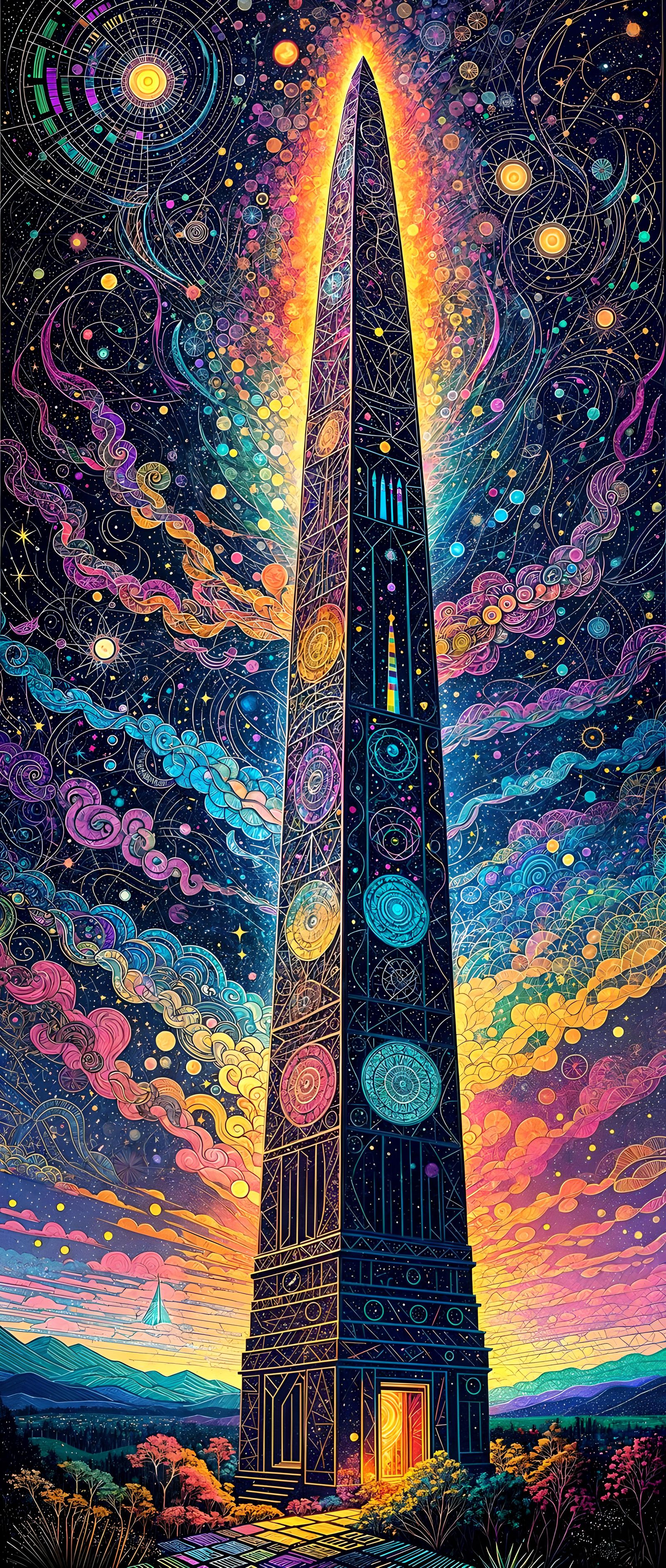 Moonlit Rainbow Obsidian Obelisk in Solarpunk Style