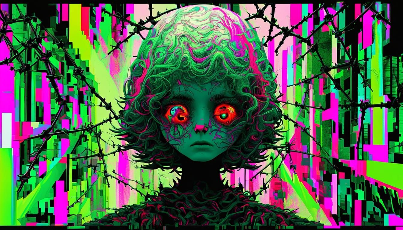 Junji Ito Style Surreal Face in Razor Wire