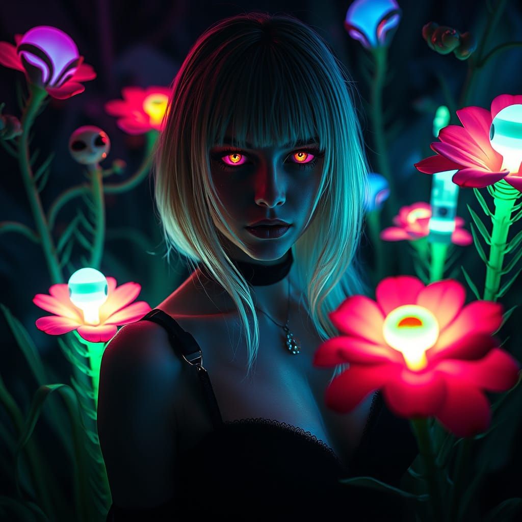 Goth Woman Portrait with Luminous Plants in Neon Noir Style
