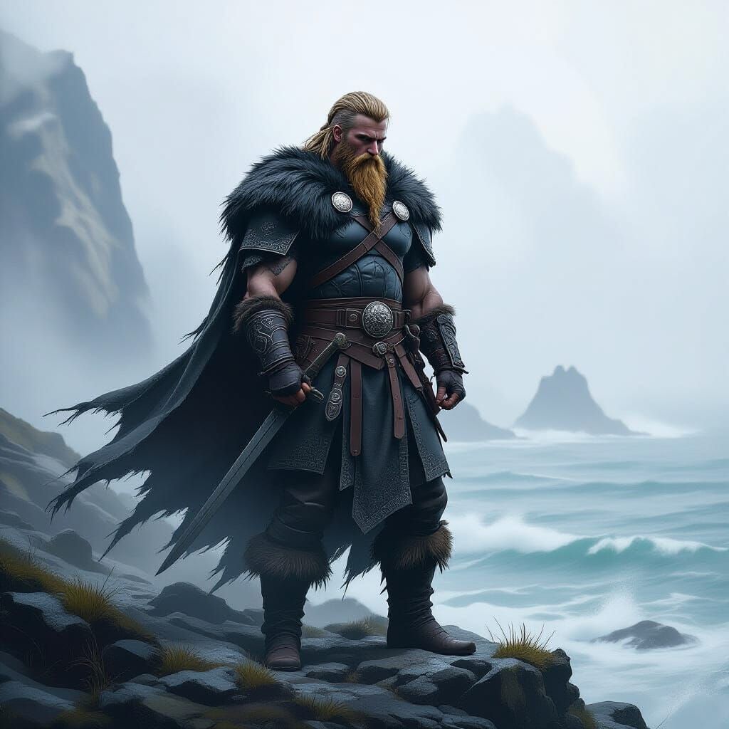 Viking Warrior on Misty Coast in Fantasy Art Style