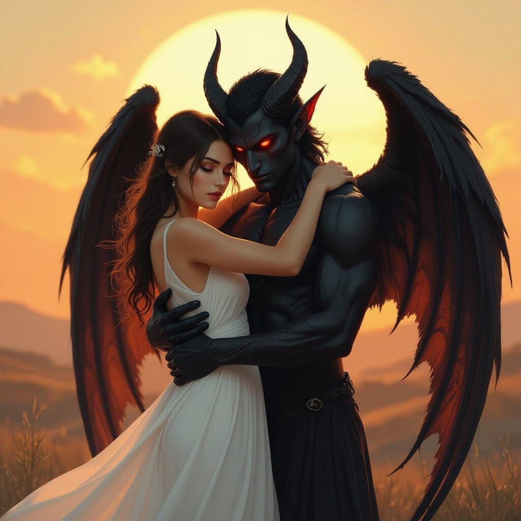 Embrace of Human and Demon at Sunset