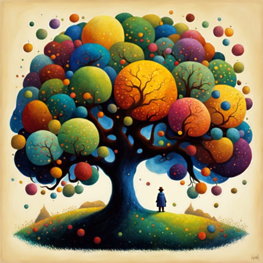 Surreal Magical Tree Blooms with Colorful Fruit