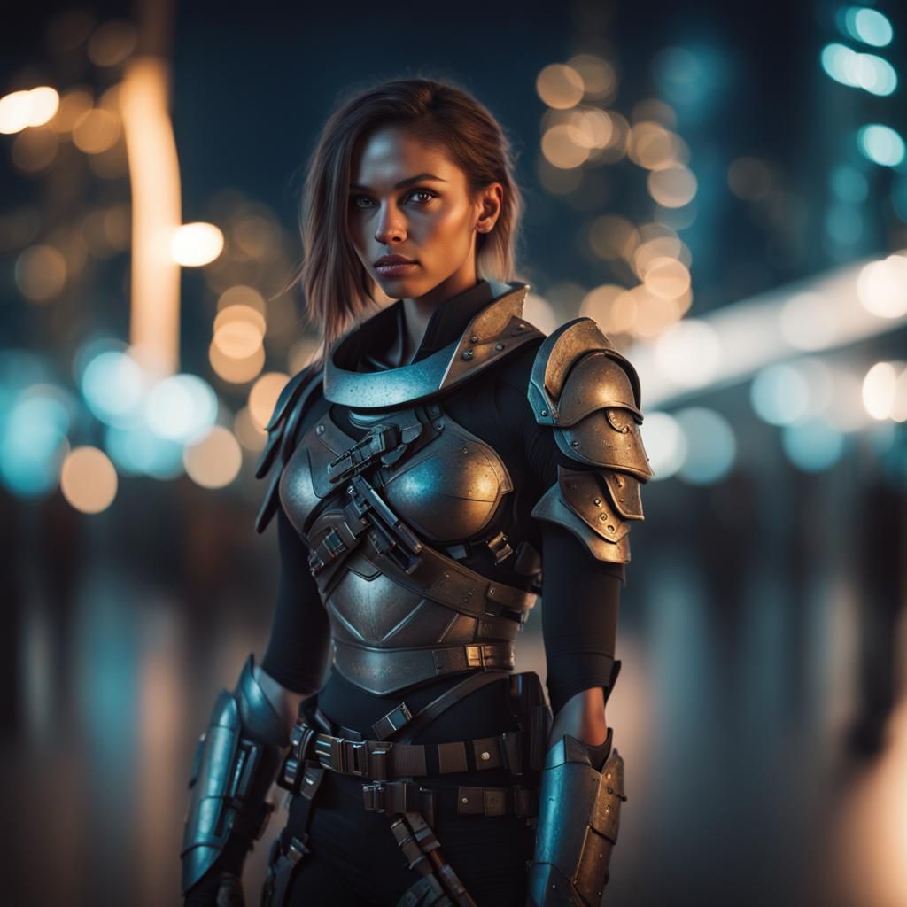 Futuristic Female Warrior in Cityscape at Night