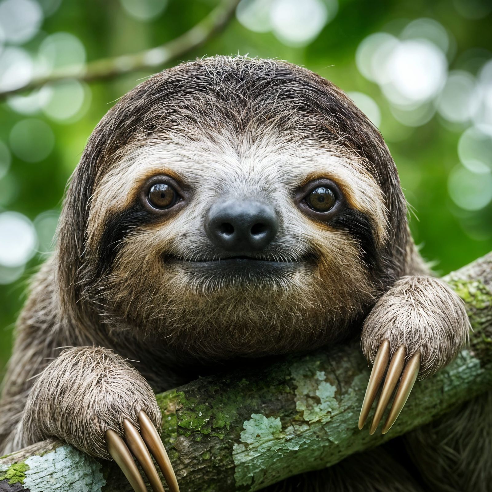 Photorealistic Sloth's Serene Smile in Lush Rainforest