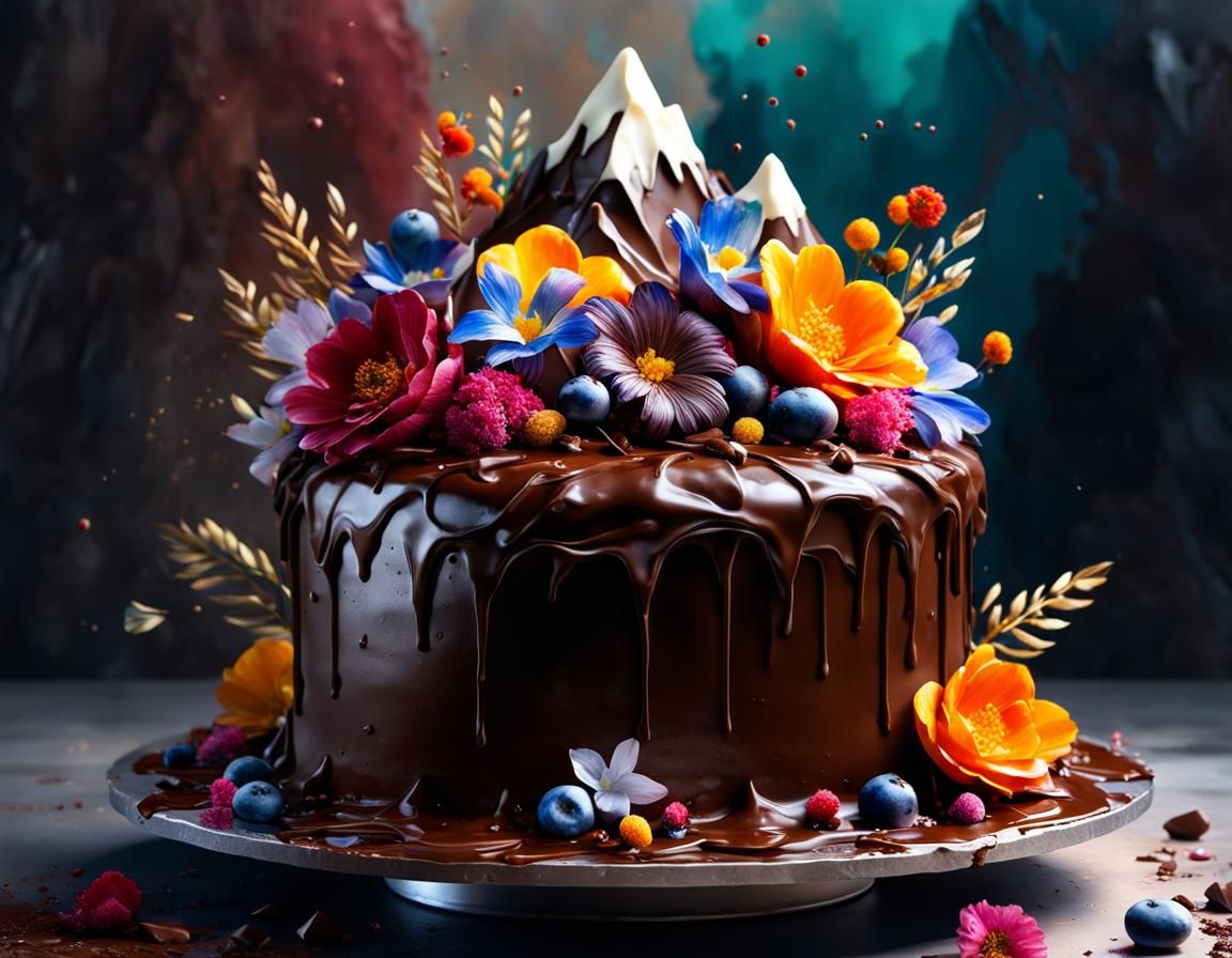 Luxurious Chocolate Mountain Cake, Hyperrealistic Watercolor...