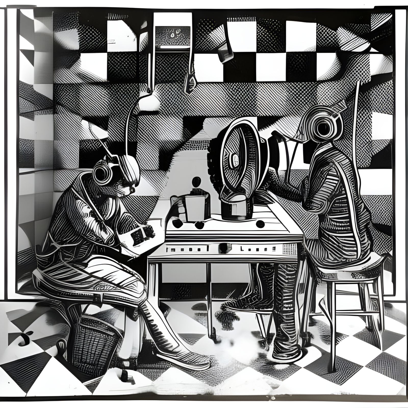Checkered Workers in Skinner Box: Linocut Style