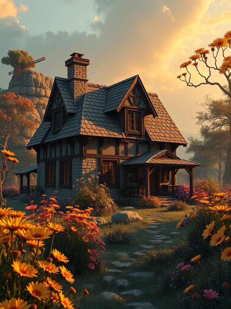 Enchanting Old Home Amidst Pole Flowers: Matte Painting