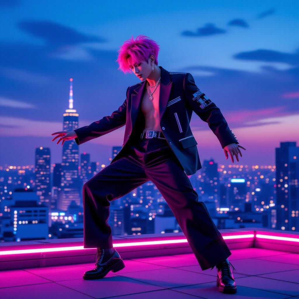 K-Pop Idol with Pink Hair on Neon Rooftop