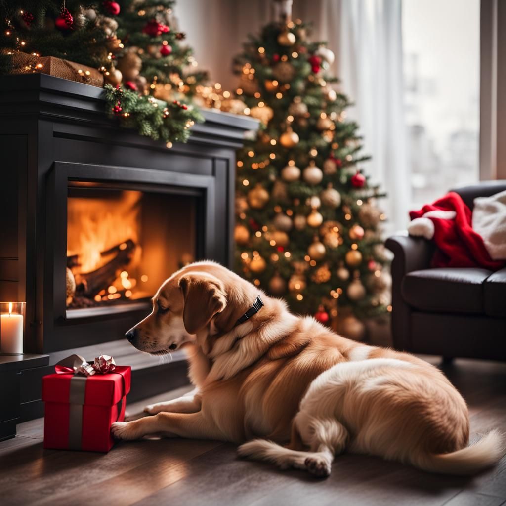 Cute Dog Cuddling by Christmas Tree Fireplace