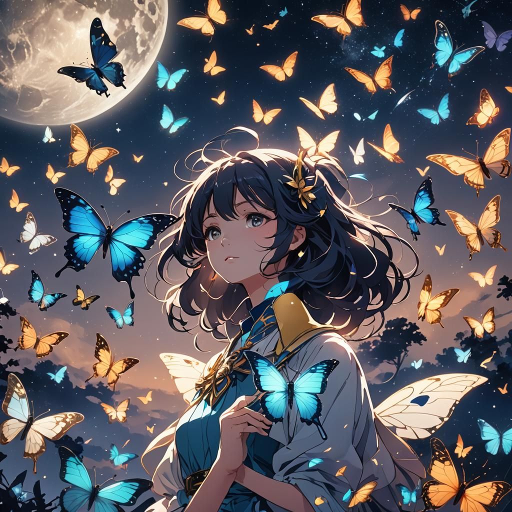 Moonlight Butterflies Illuminate Galaxy: Anime Cel-Shaded Ar...