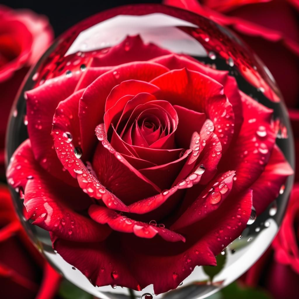 dew drops on red rose pedals close up detailed inside an orn...