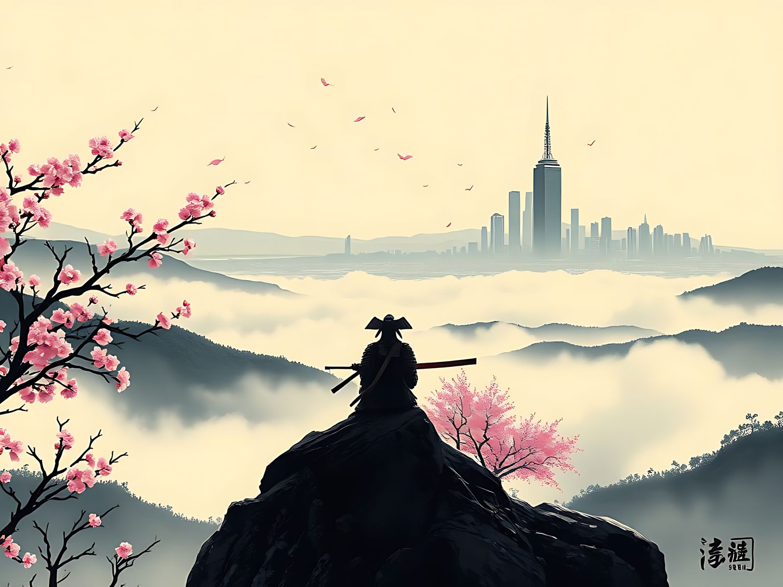 A lone samurai warrior meditating on a mountaintop overlooki...