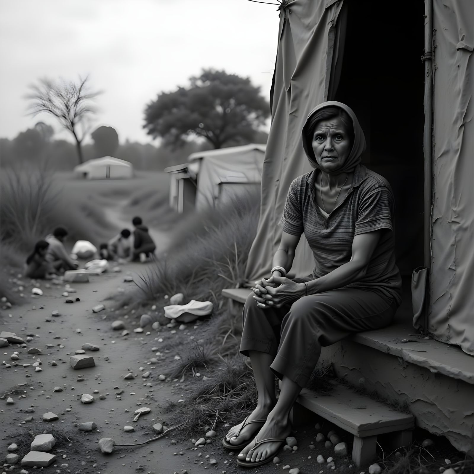 Sad Woman in Tent Watching Children Play