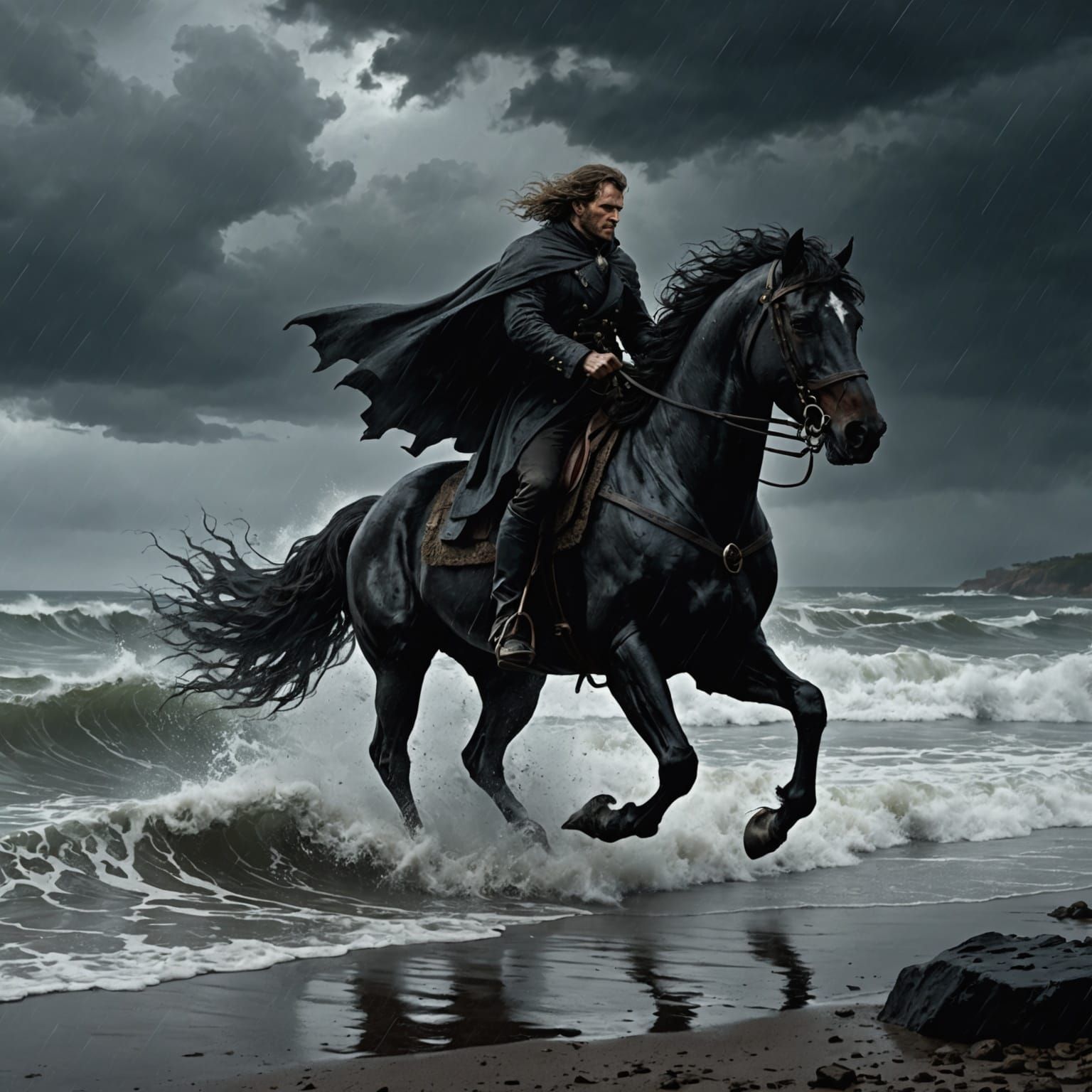 Black Horse Gallops on Stormy Shore
