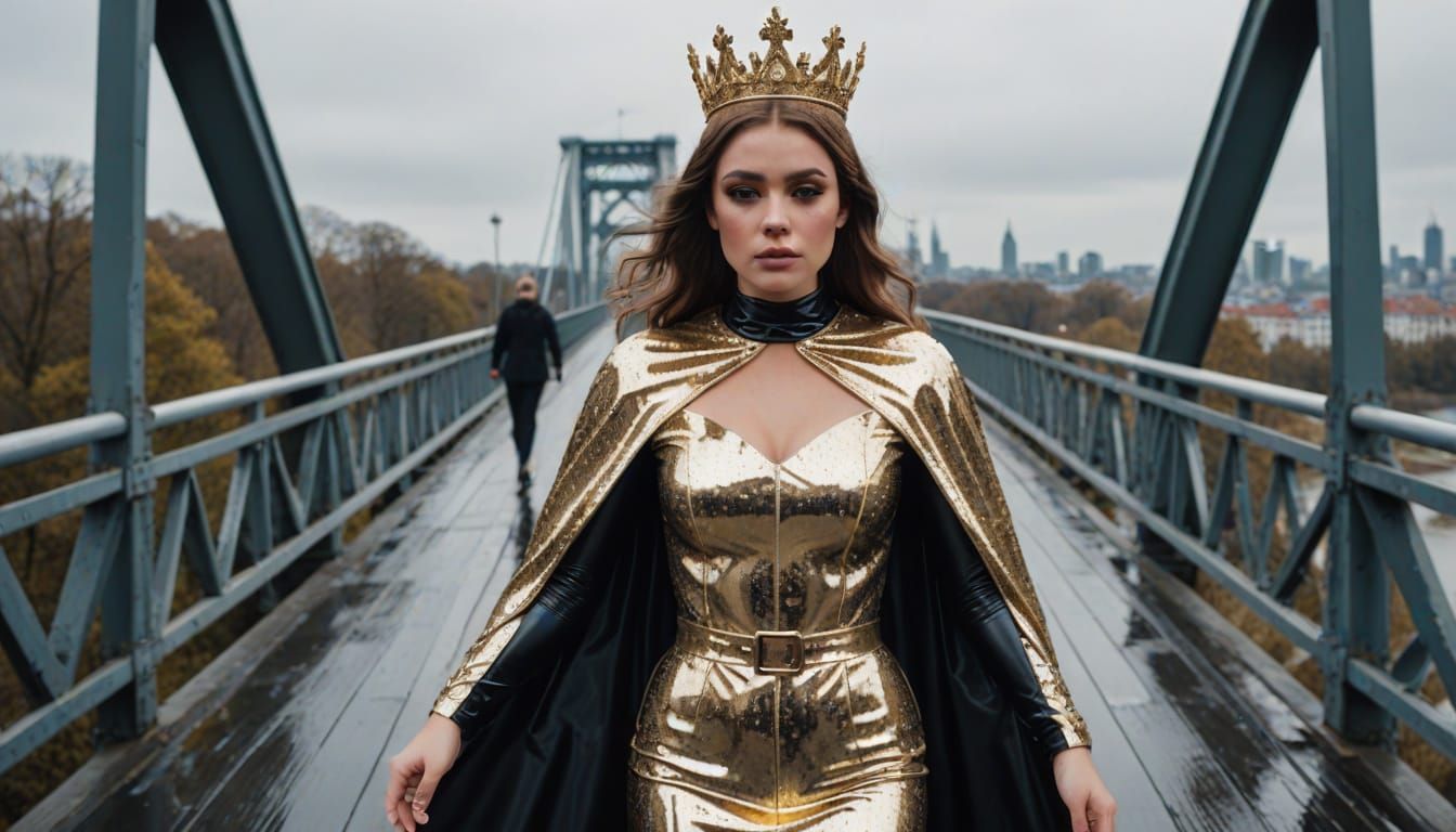Glamorous Superheroine Crosses a Bridge