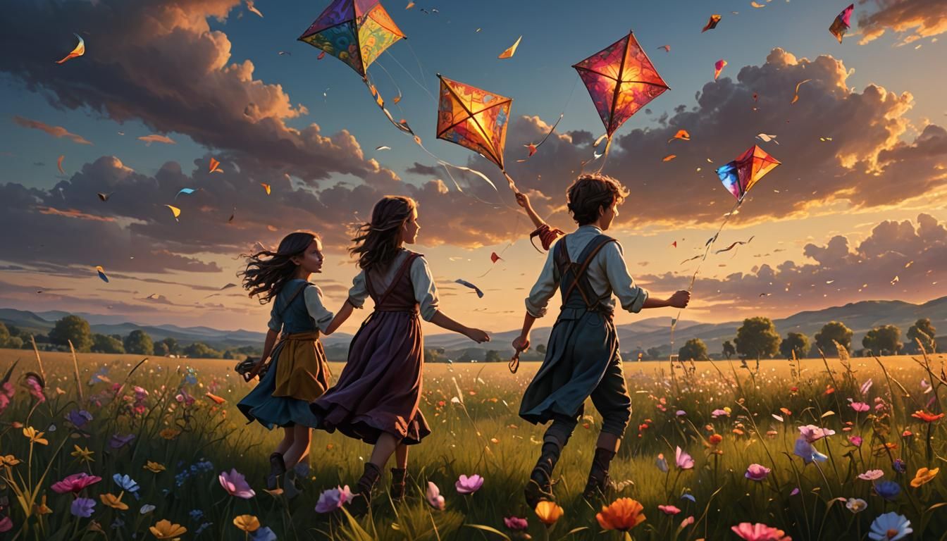 Children Playing with Kites: Mixed-Media Photography