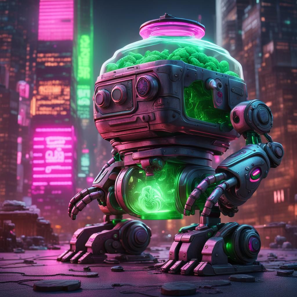 Robot Superhero with Brain in Jar in Cyberpunk Style