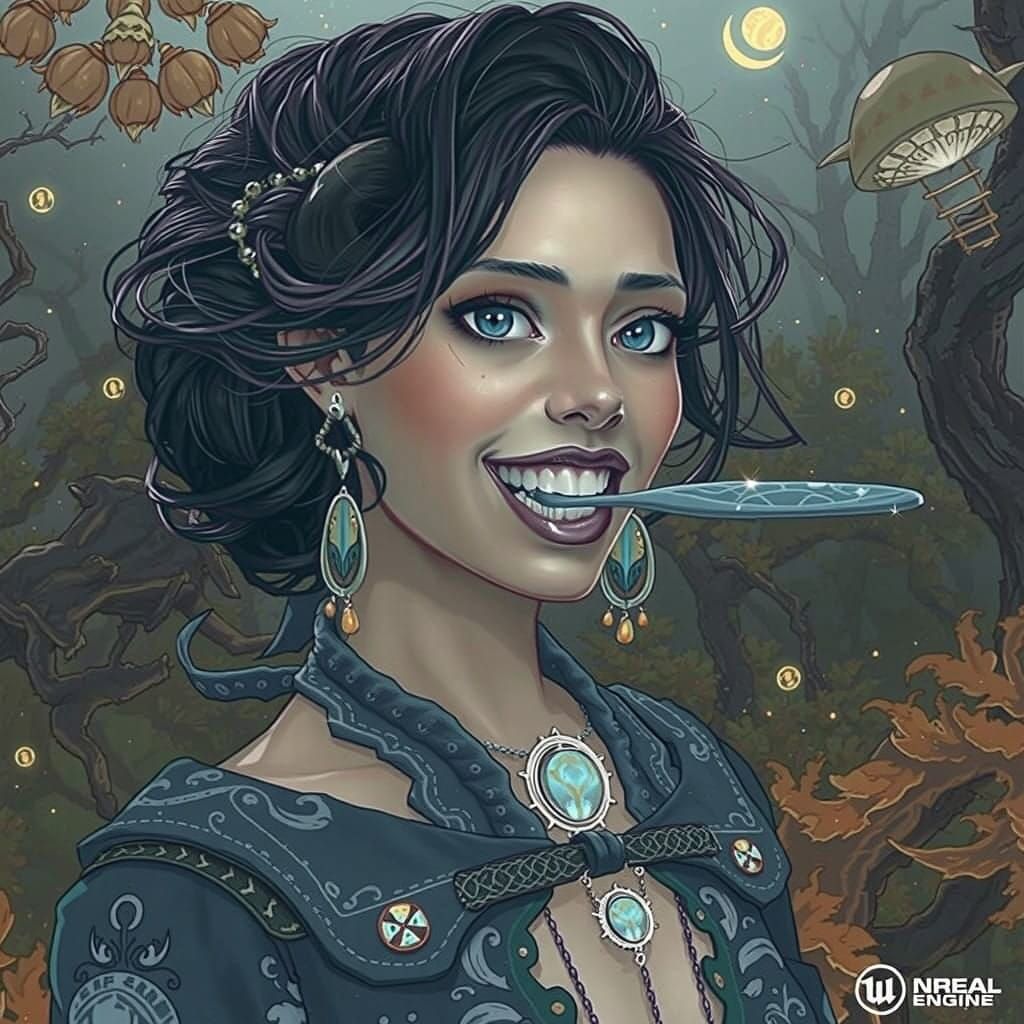 Woman in Whimsical Forest, Toothbrush Between Teeth, in Fant...