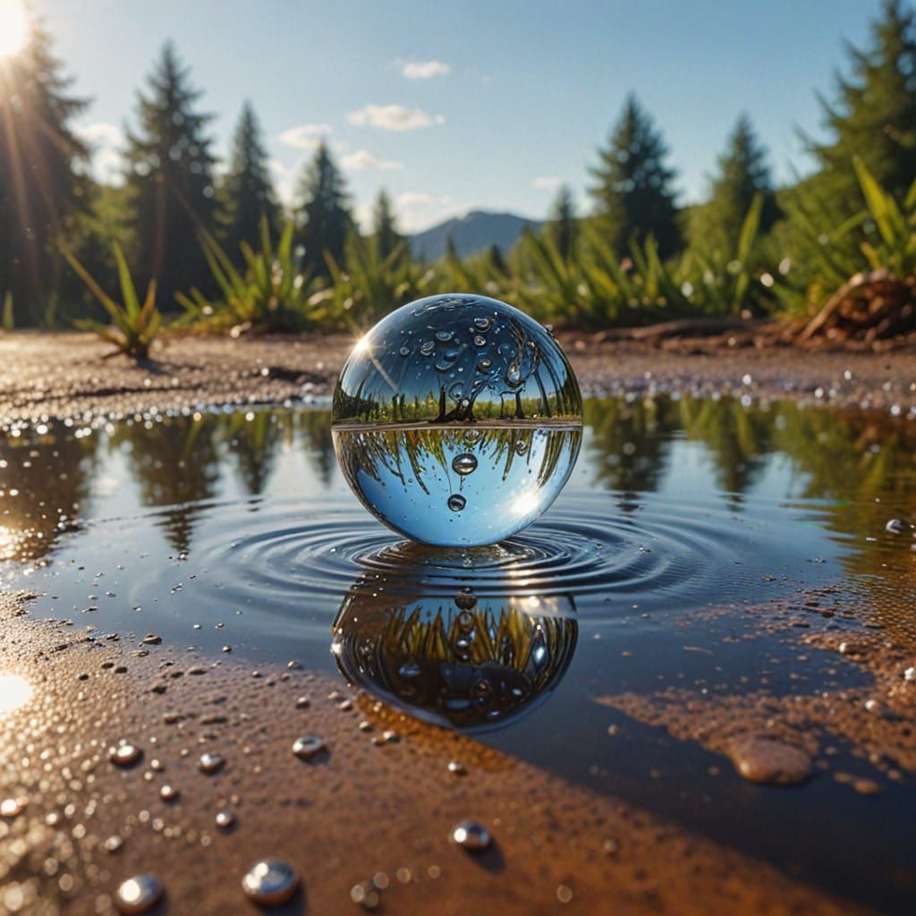 Hyper-Realistic Water Drop Reflecting Distorted Landscape