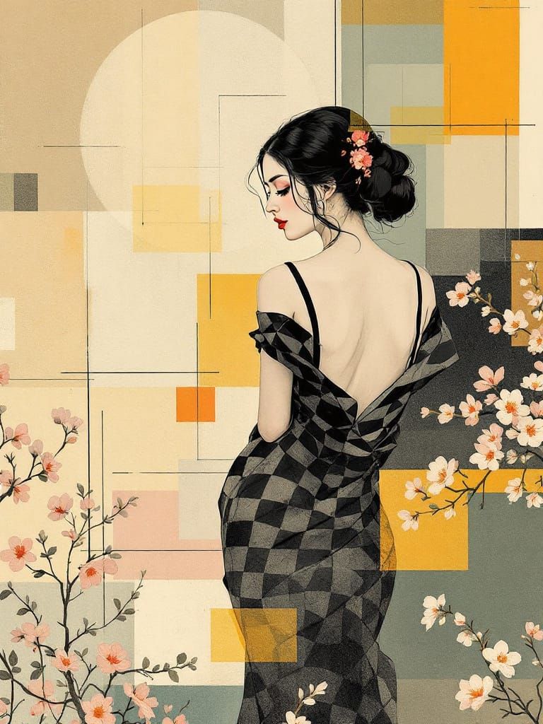 Geometric Pin-Up Figure in Abstract Garden