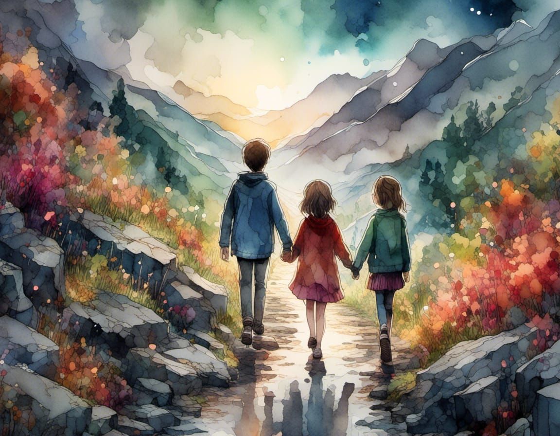 Children Stroll on Stone Path: Digital Ink Art