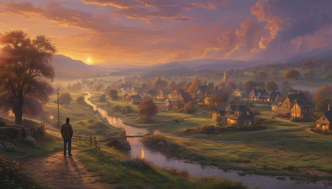 Ethereal Sunset Scene with Figure in Kinkade Style
