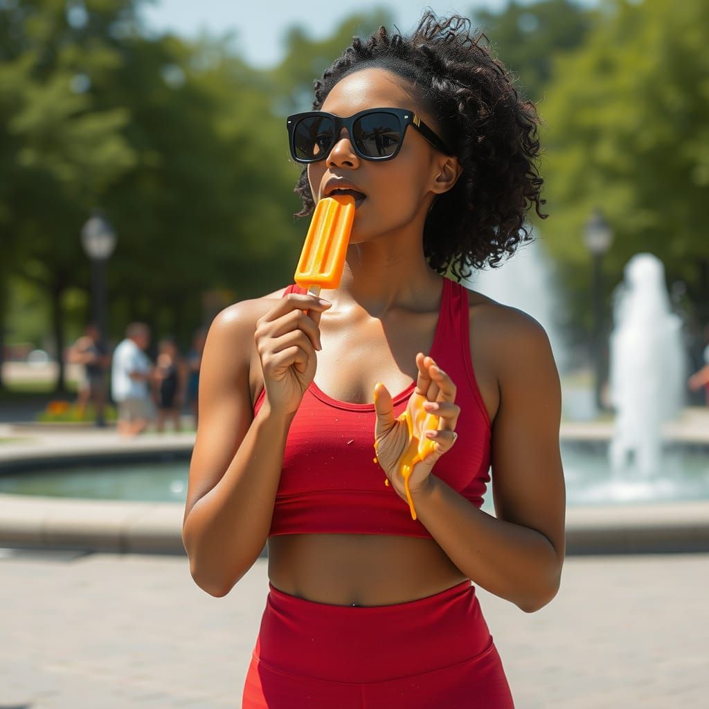 Black Woman in Red Athletic Suit with Sunglasses and Popsicl...