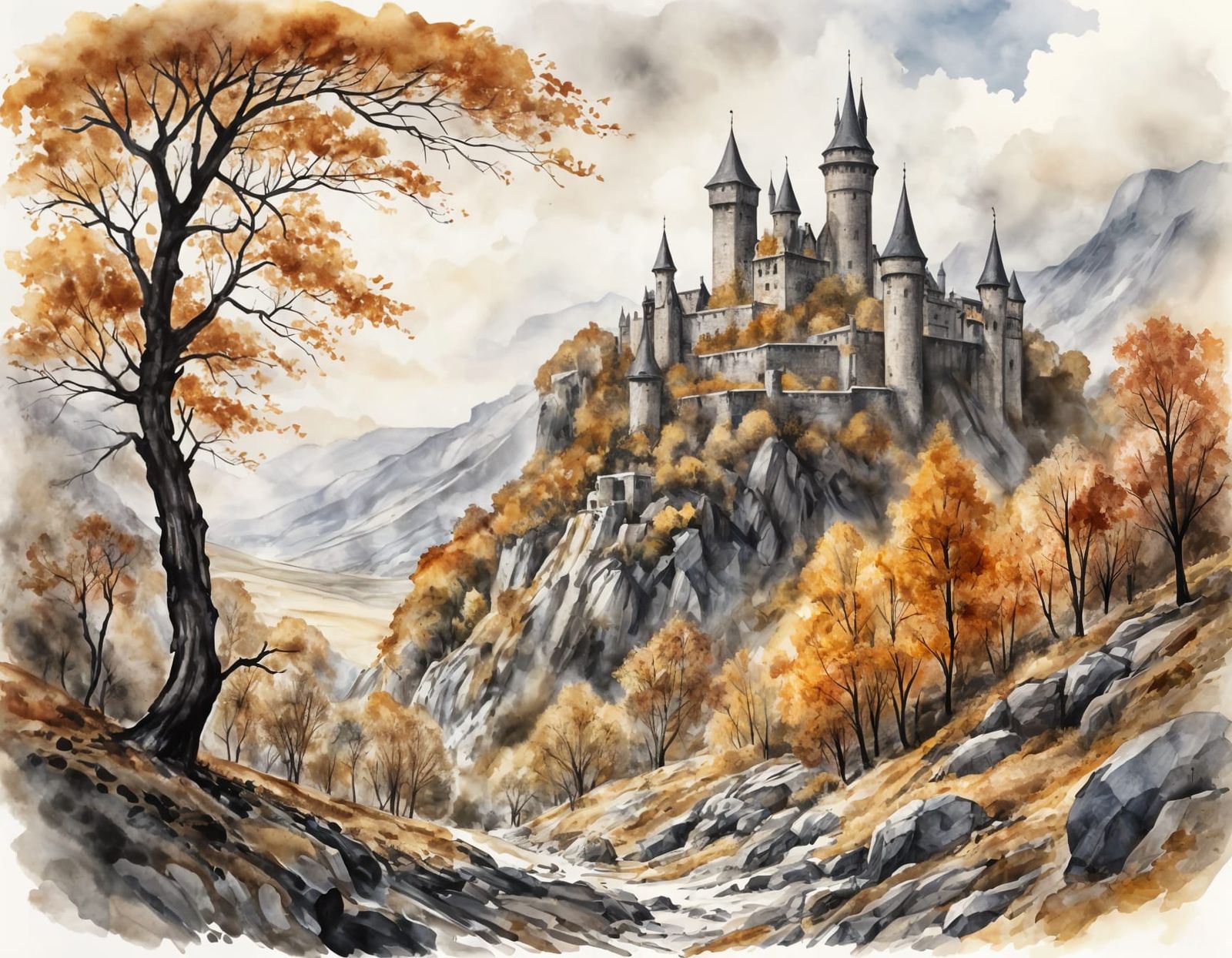 Castle in Rocky Valley with Autumnal Snow