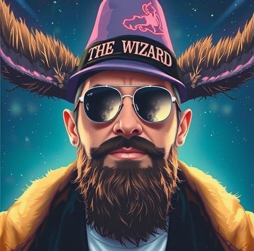 Bearded Wizard with Donkey Ears in Neon City