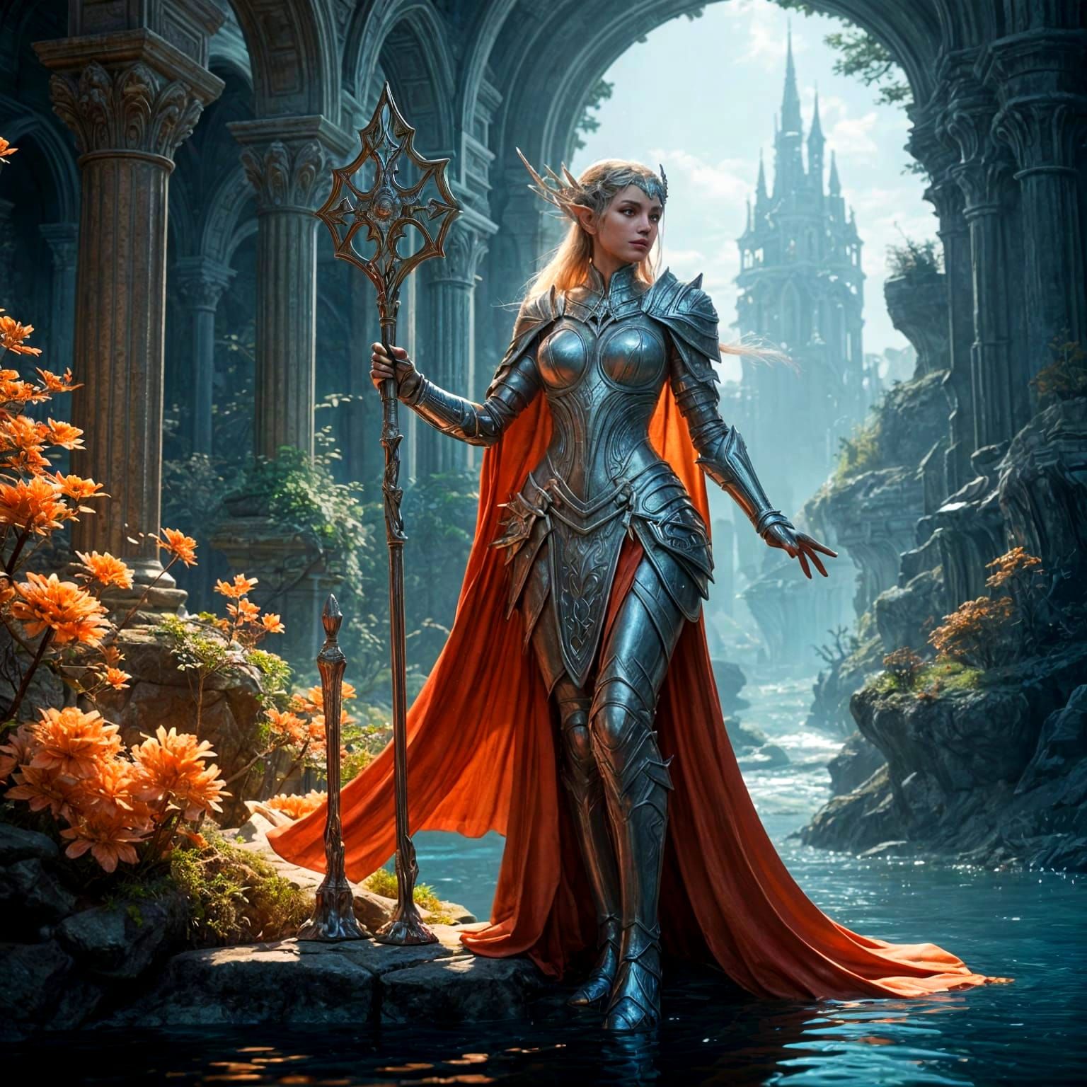 Regal Elven Warrior Overlooks Underwater Realm in Shimmering...