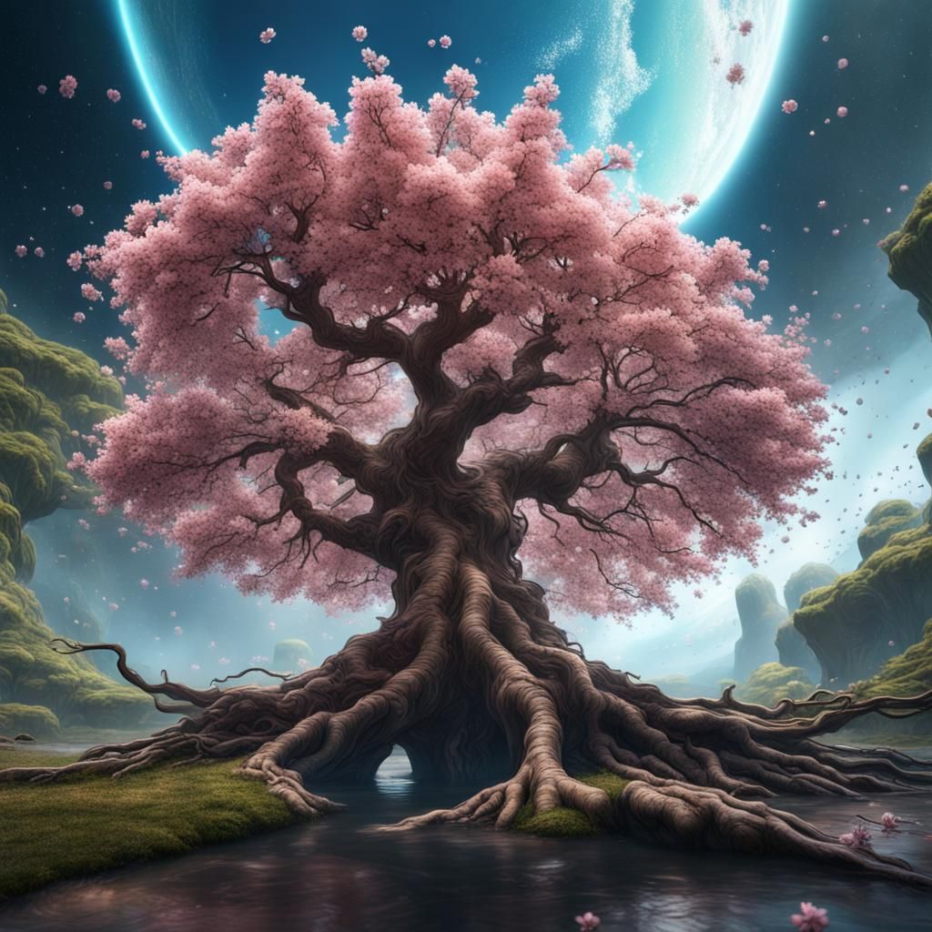 Cherry Blossom Tree Floating in Space: Fantasy Art