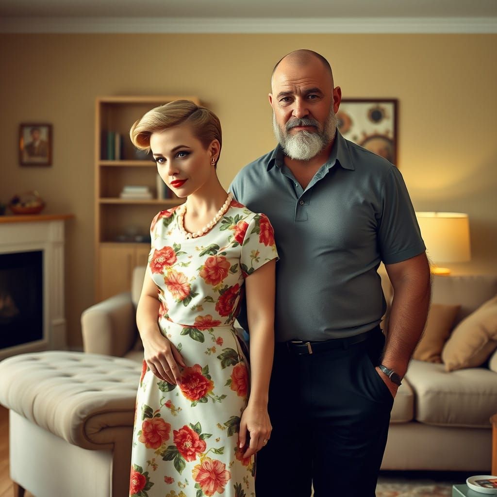 Vintage Housewife and Husband Share Intimate Moment in Mid-C...