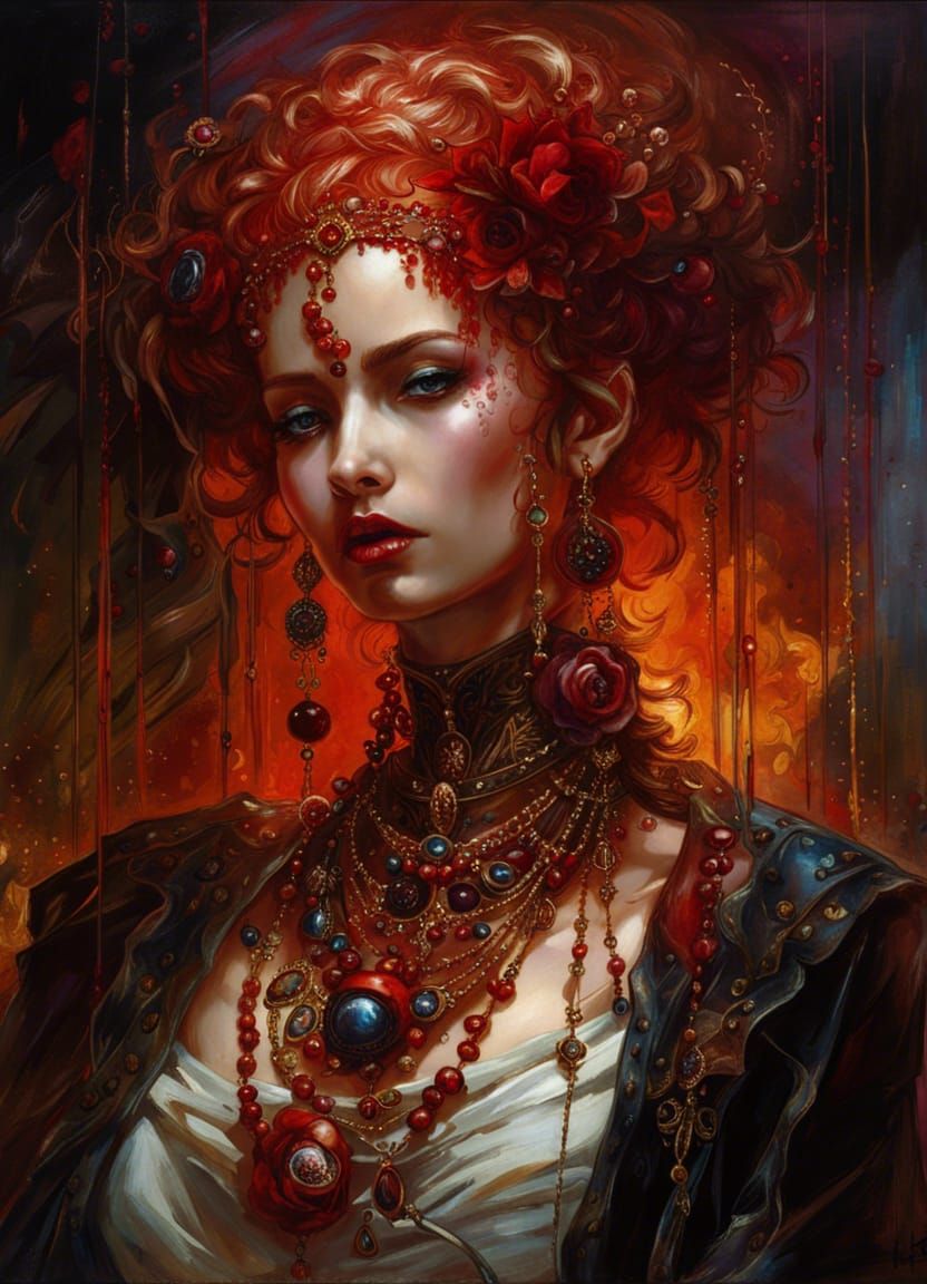 Macabre Woman Bleeding Garnets, Digital Art