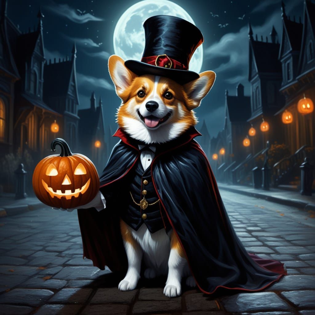 Regal Corgi Vampire on Moonlit Gothic Street