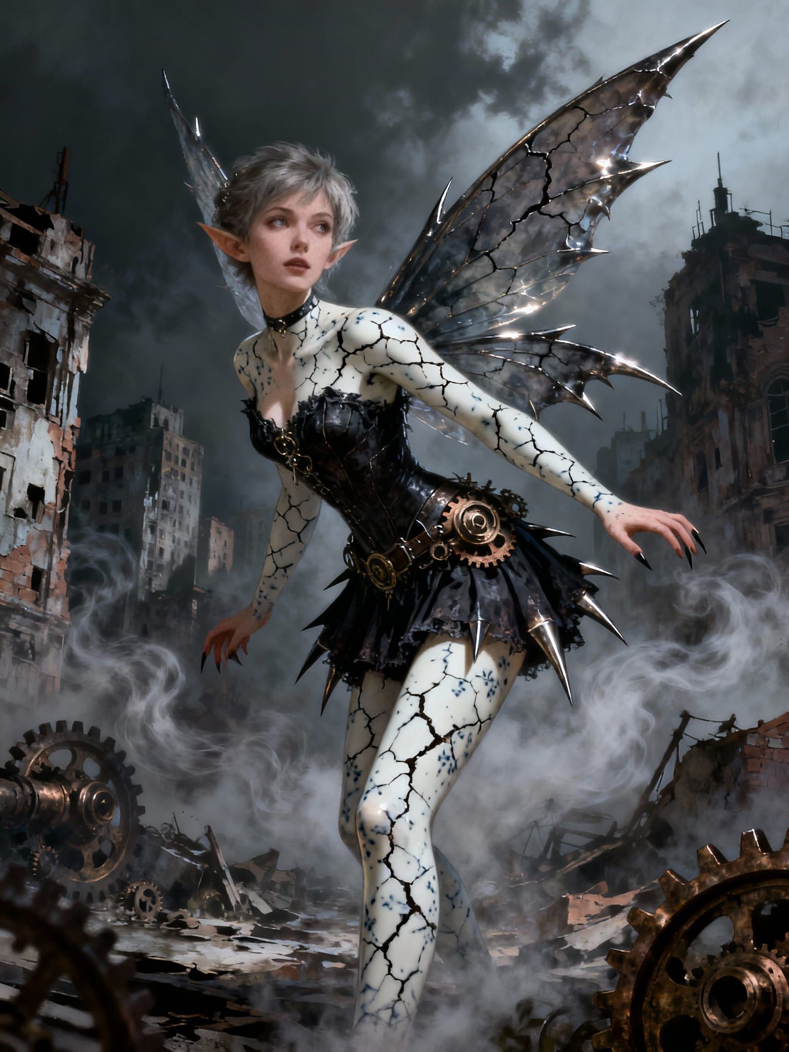 Dark Fantasy Tinkerbell in Post-Apocalyptic City