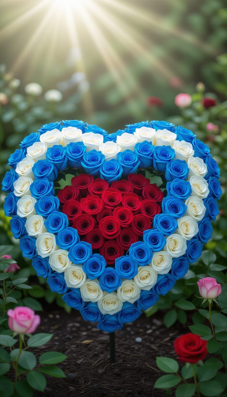 Heart Rose Arrangement with Blue, White, and Red Roses