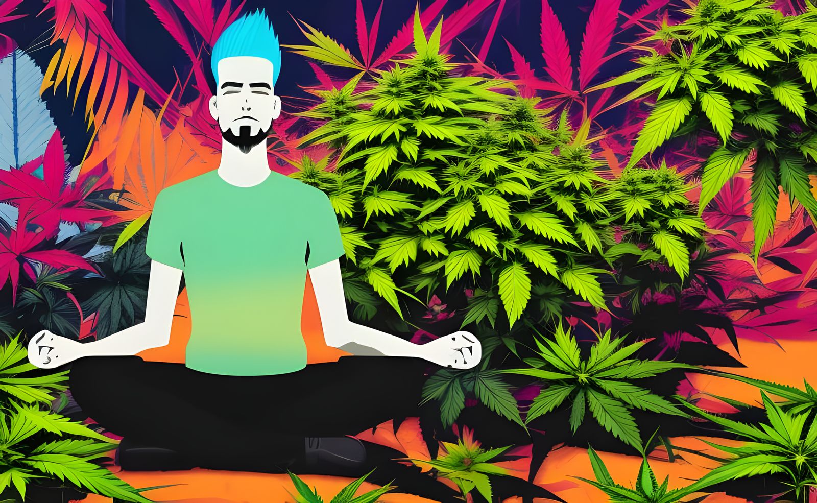 A cartoon of a young punk rock dude with a mohawk meditating while smoking a joint while sitting cross legged In the mid...