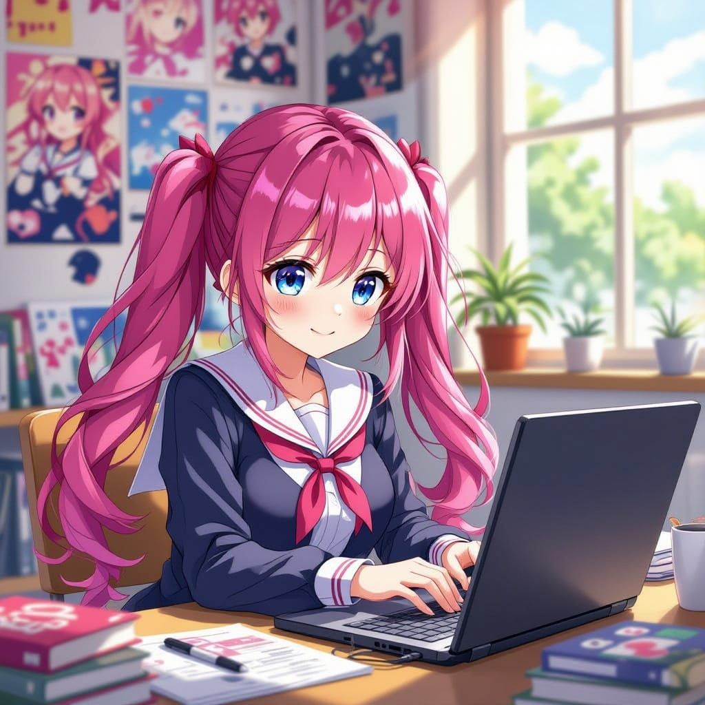 Anime Girl Typing on Laptop in Cozy Room