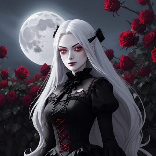 Elegant Vampire in Moonlit Rose Garden, Anime Style