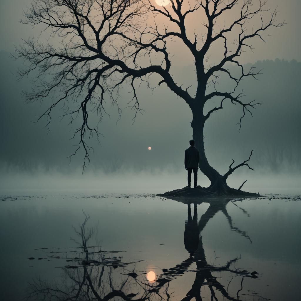Dark Surrealism: Lakeside Silhouette with Shattered Reflecti...